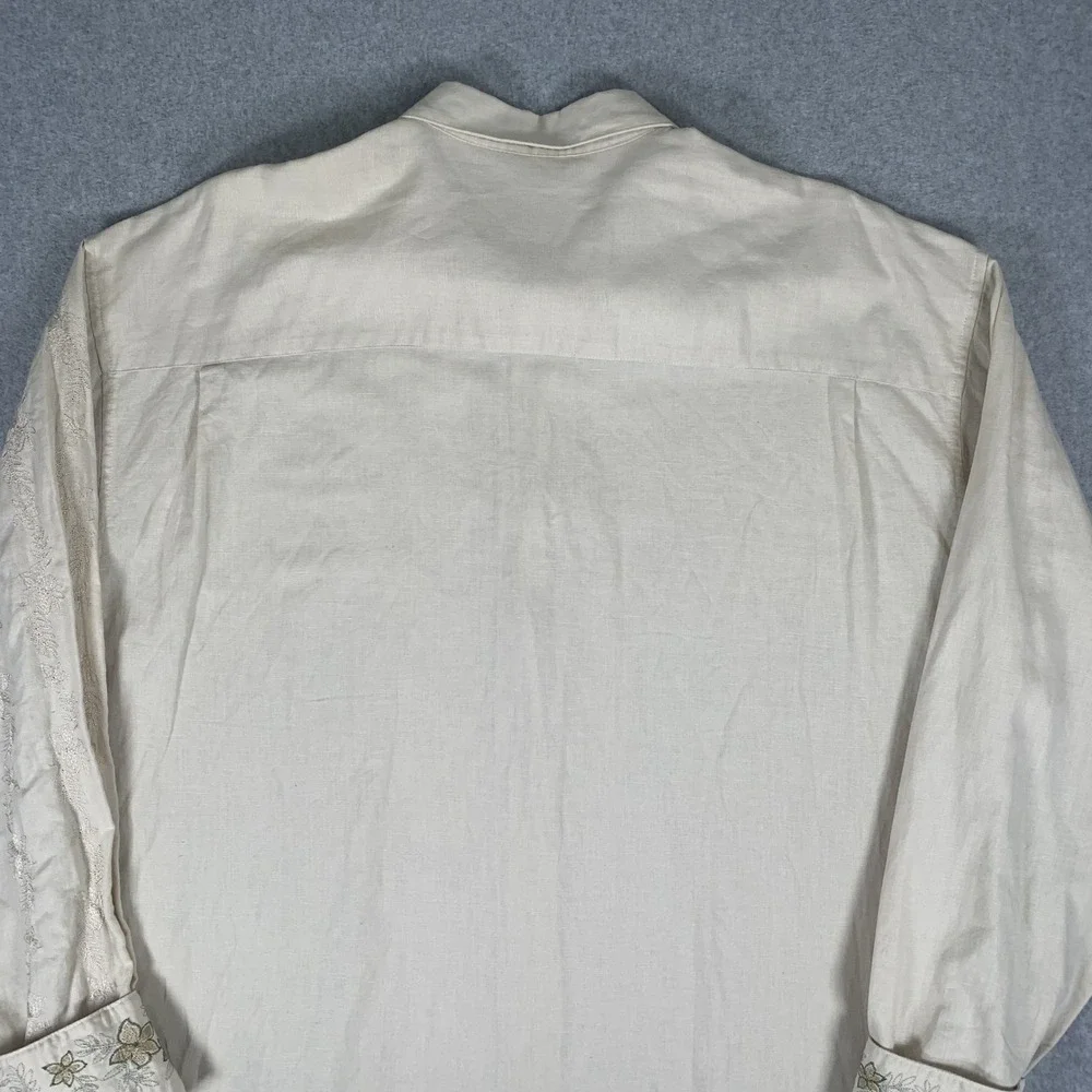Bamboo Cay Button Down Shirt Mens XL Cream Linen Cotton Floral Embroidered